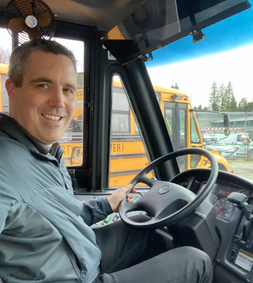 Principal <a href="/CaryHungle/">Cary Hungle</a> with school bus driving duties for April 1st only. 😉   <a href="/NVSD44/">School District 44</a>