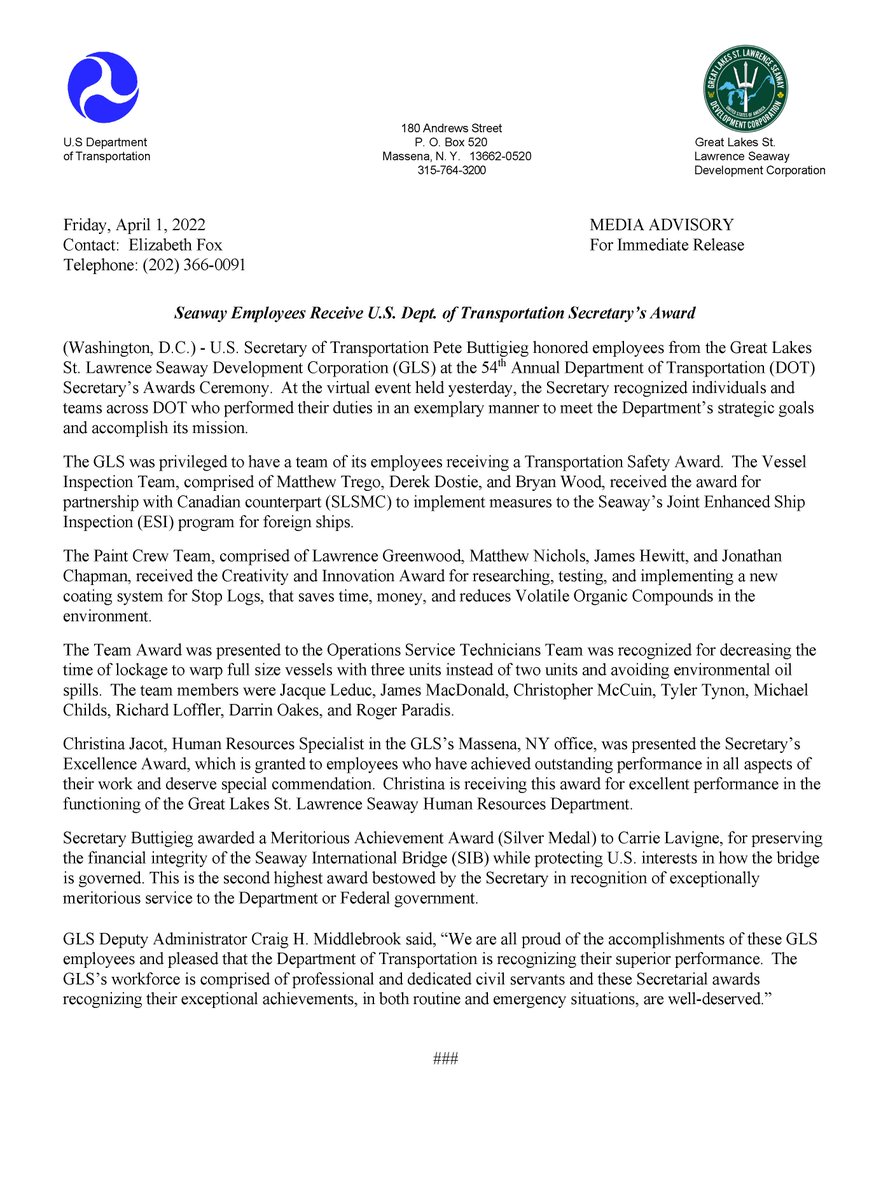 SeawayUSDOT's tweet photo. Media Advisory: Seaway Employees Receive @usdot Secretary’s Award
Read more➡️https://t.co/zKSs4GTXl7.
#GreatLakes #SeawaySystem #GLSPartner https://t.co/5UcuHUfCTM