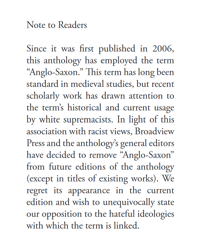 ISASaxonists's tweet photo. Hwaeddup! Ethical publishing is possible! @broadviewpress exemplifies how anthologies can address outdated &amp;inaccurate terms like "Anglo-Saxon." An erratum slip has been added. Their next Brit Lit edition'll remove the term where appropriate. WTG Broadview press! #medievaltwitter https://t.co/uR5EkC8IzB