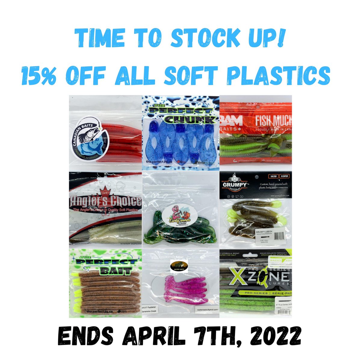 Postboxtackle's tweet photo. Spring Sale 15% Off All Soft Plastic Baits!! Stock Up Now Until April 7TH, 2022. #postboxtackle #springsale #softplastics #xzonelures #theperfectjig #bambaits #canadianbaits #waltersbaits #anglerschoice #grumpybaits #earlywormlures #nxssoftbaits https://t.co/DPfHUczauf