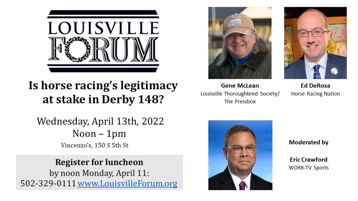 LouisvilleForum's tweet photo. Reserve your seat now for the April 13 Louisville Forum.
After DQ’s and other controversy, what’s at stake at this year’s #KentuckyDerby? https://t.co/miRn93VZp6