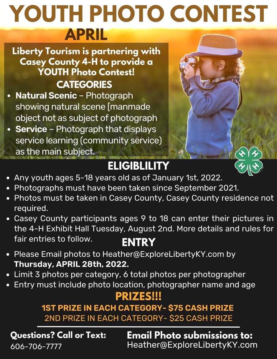 APRIL- YOUTH Photo Contest, ages 5-18.
Photos must be taken in Casey County but CC residency is NOT required to participate. 

1st prize in each category- $75 cash prize 
2nd prize in each category- $25 cash prize