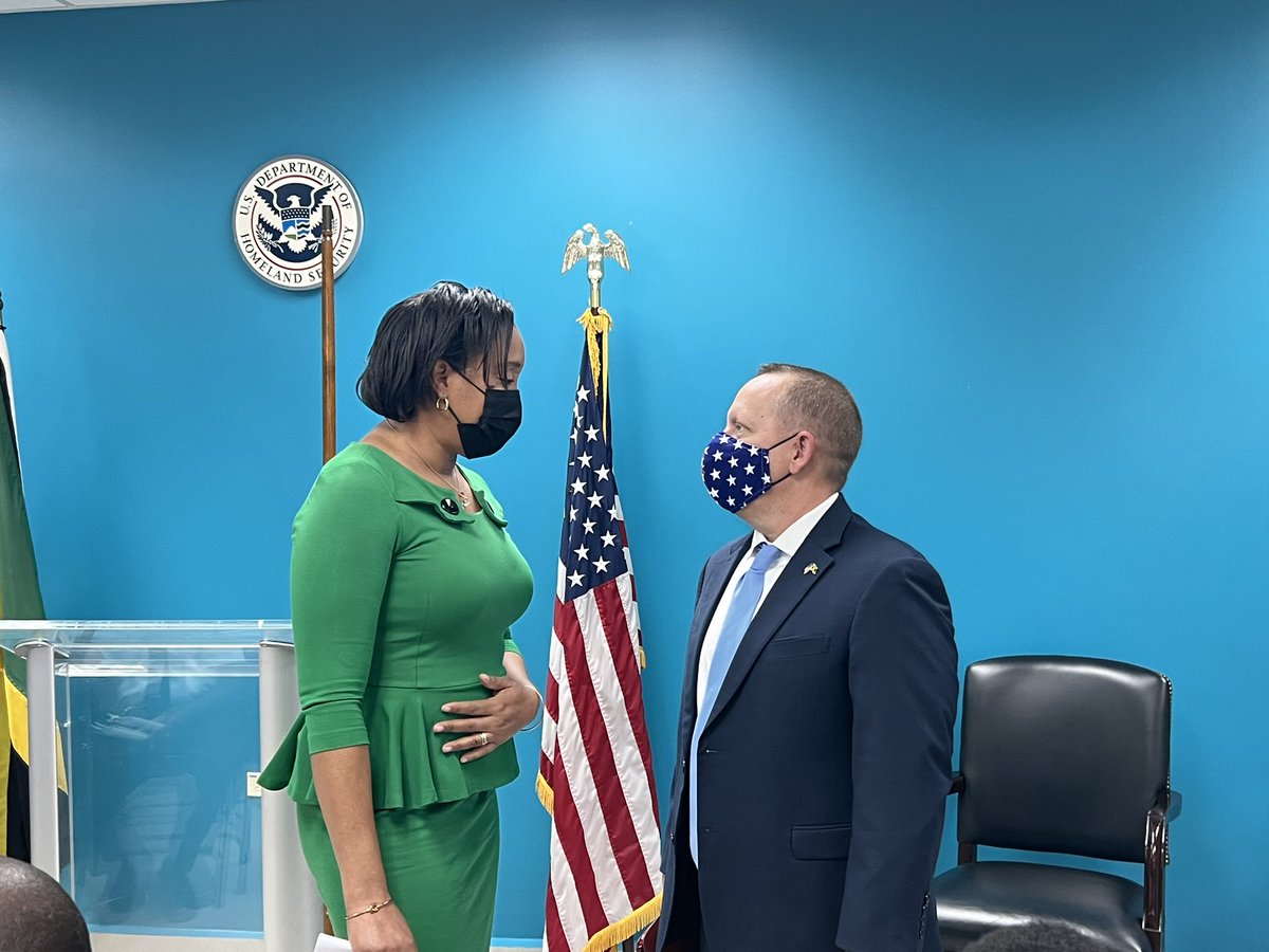 jamaicacustoms's tweet photo. @jacustoms CEO Mrs. Velma Ricketts Walker shares a brief moment with Chargé d' Affaires of the U.S John McIntyre, before the start of the graduation ceremony for “Train the Trainer Modular Container Search Training.” https://t.co/UgnE8zjl5V