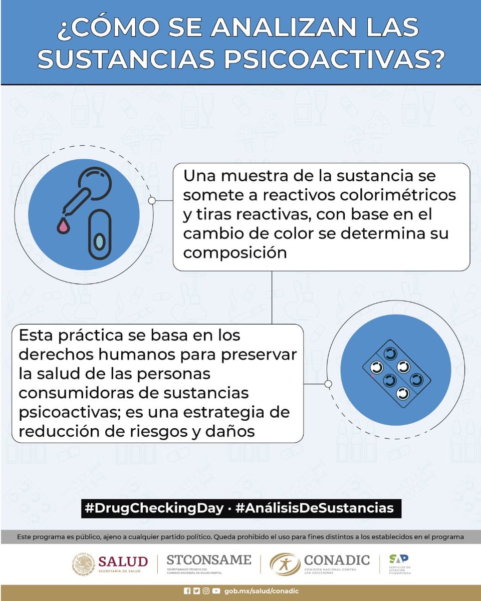 conasama_invest's tweet photo. Con el #análisisdesustancias psicoactivas puedes tomar decisiones informadas sobre tu consumo. Conoce más sobre esta acción de #ReducciónDeDaños y en pro de tu salud. #DrugCheckingDay  #CuidaTuSaludMental @ReverdeSerC @LineaDe_LaVida @juntosxlapazmx https://t.co/GKIG2nIH0T