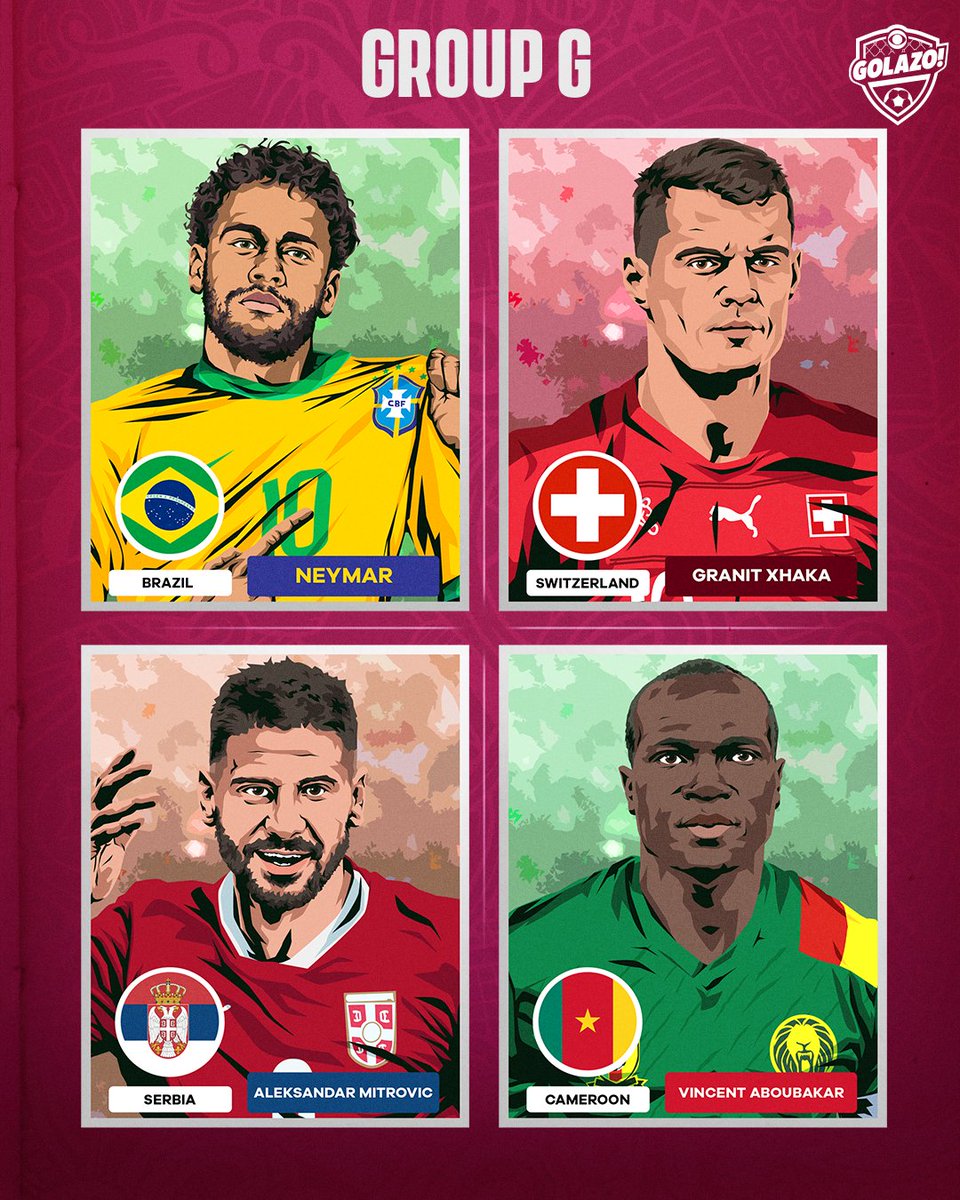 🚨 2022 FIFA #WorldCupDraw 🚨

𝐆𝐑𝐎𝐔𝐏 𝐆

Brazil 🇧🇷
Switzerland 🇨🇭
Serbia 🇷🇸
Cameroon 🇨🇲
