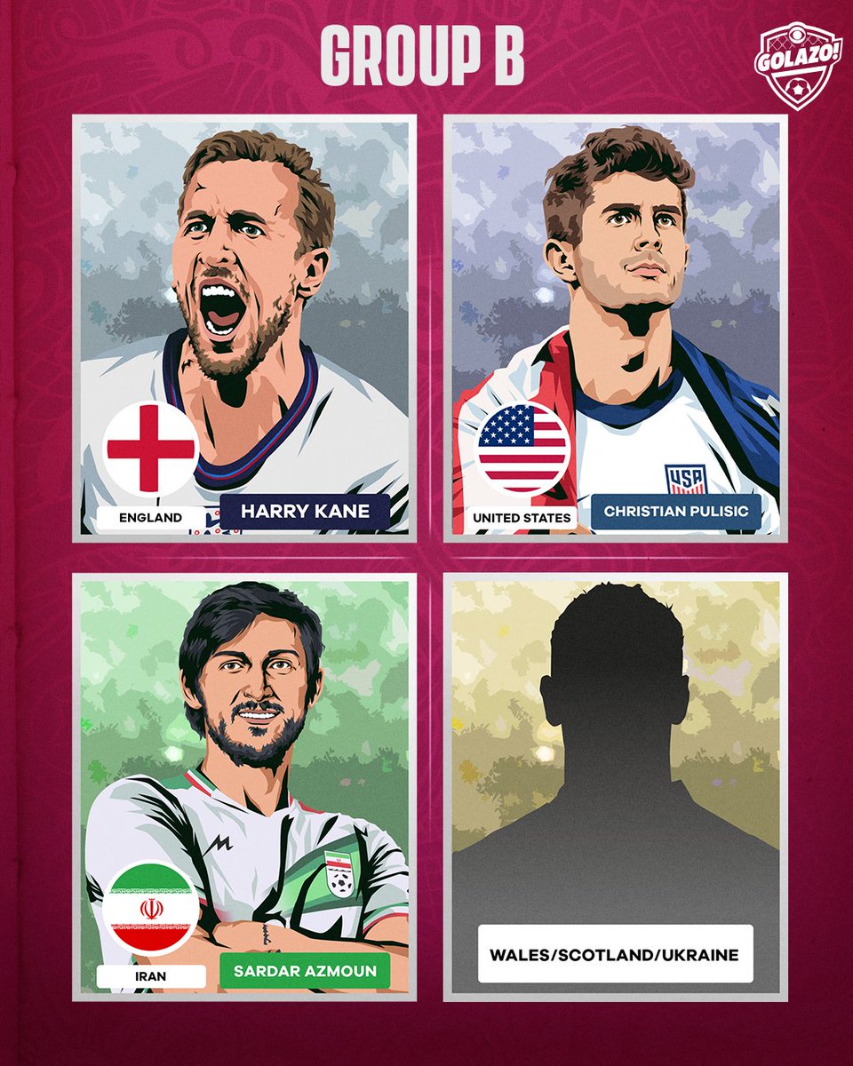 🚨 2022 FIFA #WorldCupDraw 🚨

𝐆𝐑𝐎𝐔𝐏 𝐁
England 🏴󠁧󠁢󠁥󠁮󠁧󠁿
USA 🇺🇸
Iran 🇮🇷
Wales 🏴󠁧󠁢󠁷󠁬󠁳󠁿/Scotland 🏴󠁧󠁢󠁳󠁣󠁴󠁿/Ukraine 🇺🇦