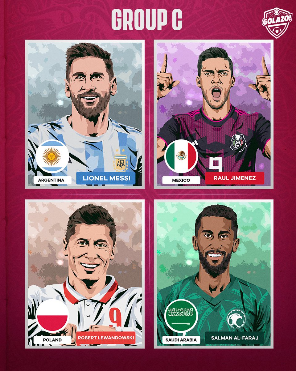 🚨 2022 FIFA #WorldCupDraw 🚨

𝐆𝐑𝐎𝐔𝐏 𝐂
Argentina 🇦🇷
Mexico 🇲🇽
Poland 🇵🇱
Saudi Arabia 🇸🇦