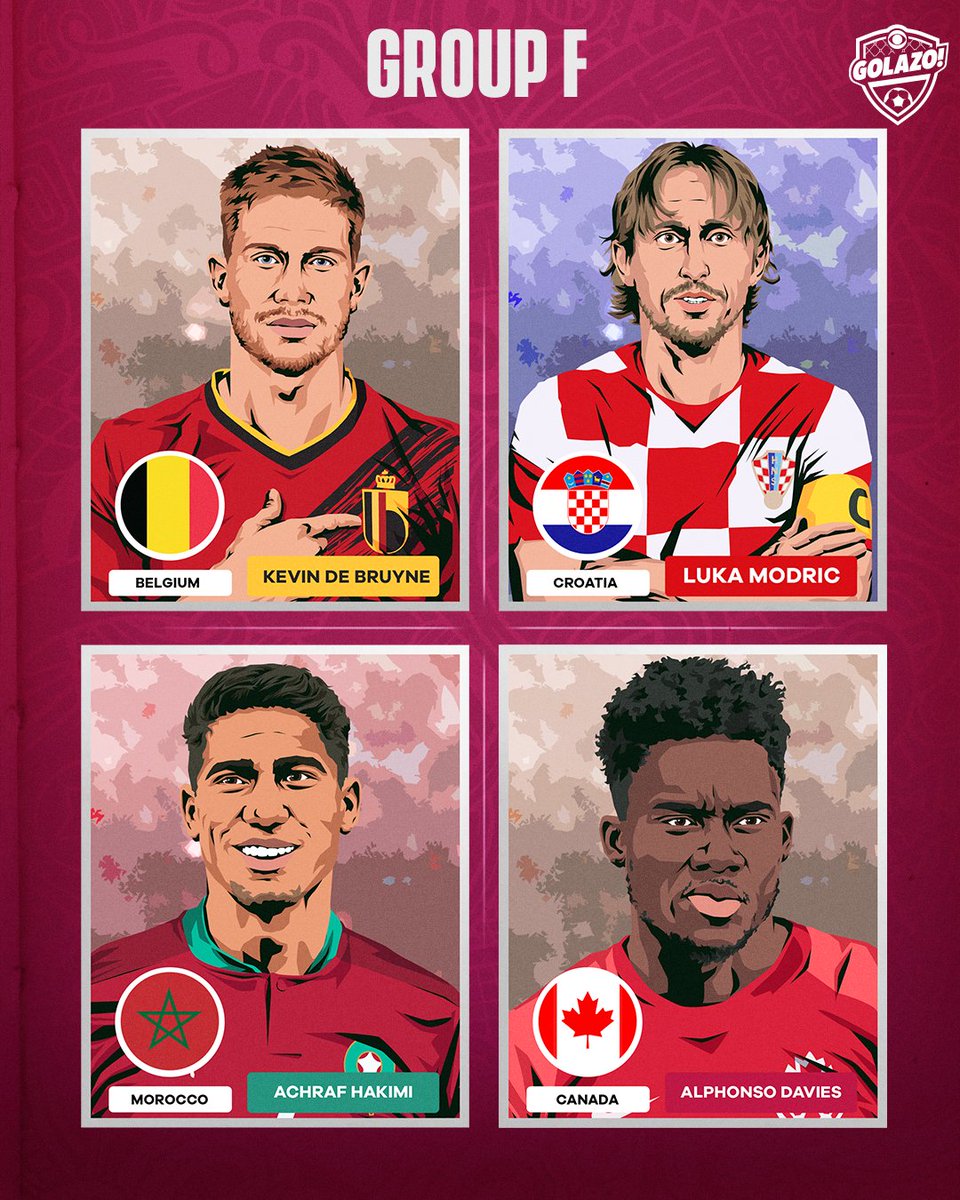 🚨 2022 FIFA #WorldCupDraw 🚨

𝐆𝐑𝐎𝐔𝐏 𝐅

Belgium 🇧🇪
Croatia 🇭🇷
Morocco 🇲🇦
Canada 🇨🇦