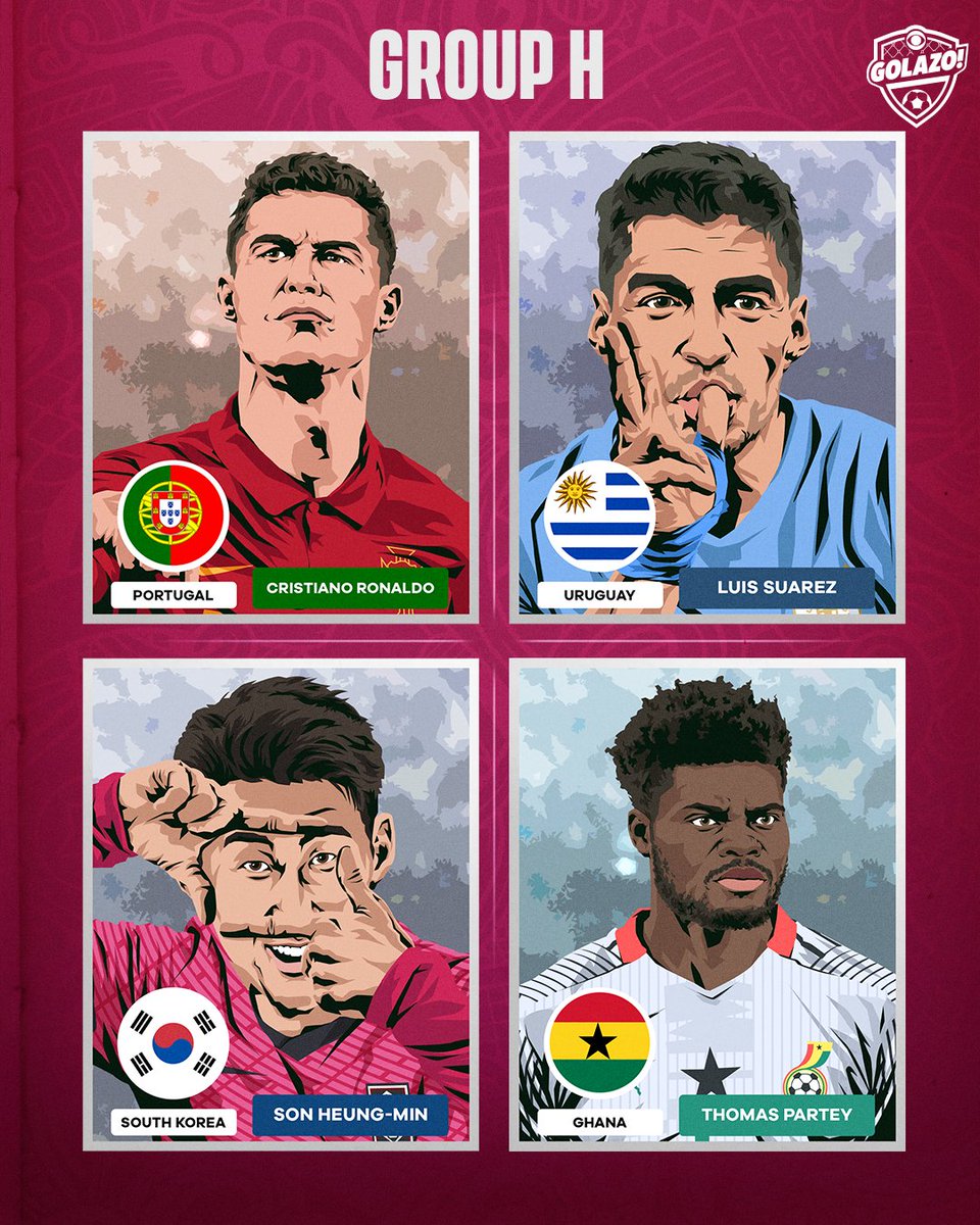 🚨 2022 FIFA #WorldCupDraw 🚨

𝐆𝐑𝐎𝐔𝐏 𝐇

Portugal 🇵🇹
Uruguay 🇺🇾
South Korea 🇰🇷
Ghana 🇬🇭