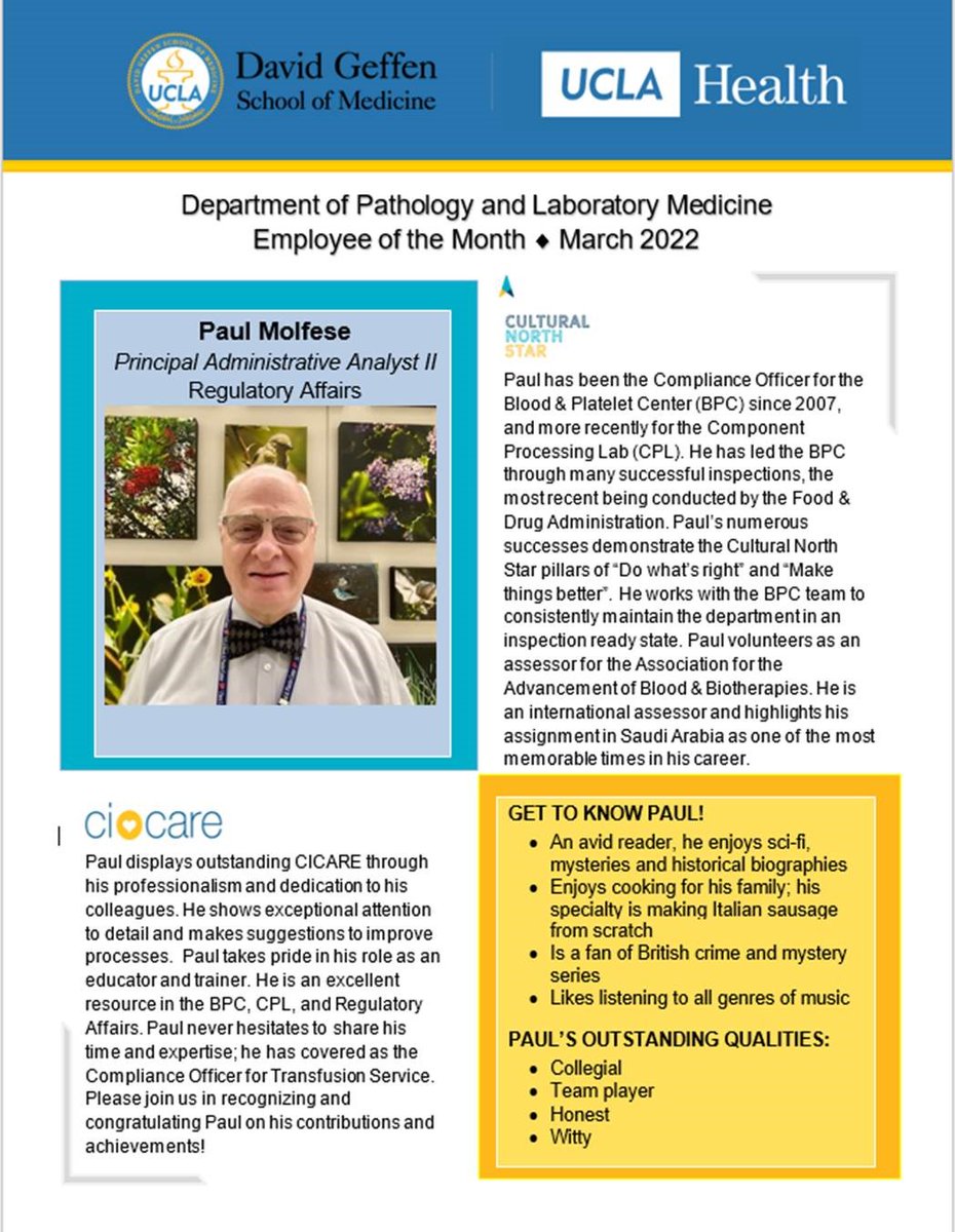 DonateBloodUCLA's tweet photo. Congratulations to the LM Employee of the Month - Paul Molfese! ๐
@UCLA_Pathology
#uclabloodandplateletcenter #uclabpc #UCLA https://t.co/xilUnr0fOv