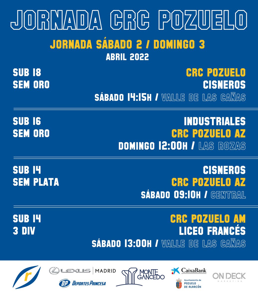 crcpozuelorugby's tweet photo. Este fin de semana tenemos tres semifinales, máxima emoción, toca culminar la gran temporada que llevamos en el club!
¡A por todas piratas, a disfrutar y ganar! 💙💛💪🏽
#piratas #azulyamarillo #crcpozuelo #pozuelo #rugbymadrid #rugby https://t.co/MttBupdJot