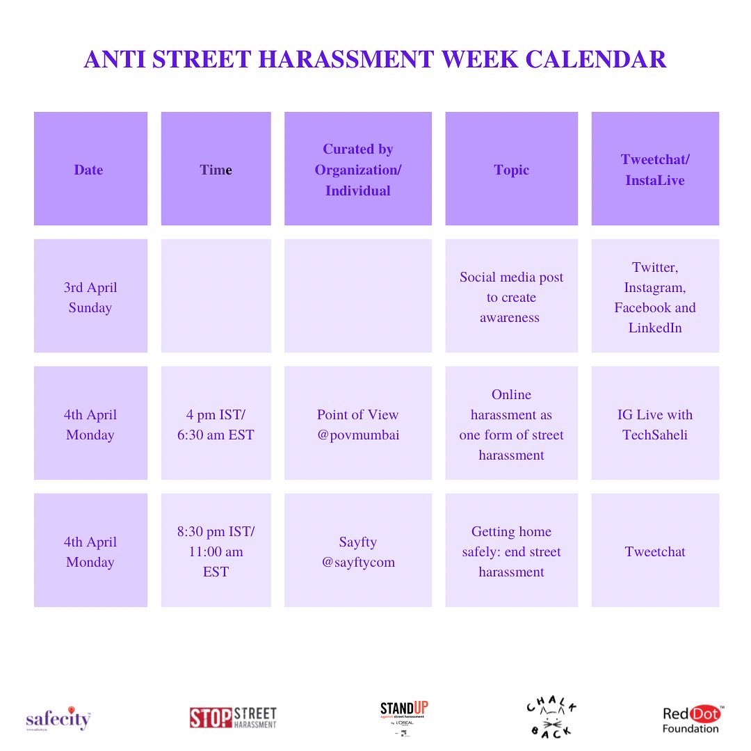 TheSafecityApp's tweet photo. And the Calendar for our Anti-Street Harassment Week is out today! 

We share with you all our TweetChat and InstaLive curators. 

Please do join us, we would love to have you on board.

#StopStreetHarassment #ASHweek
#womenempowerment #reddotfoundation #safecity https://t.co/lNpHUMAOuS