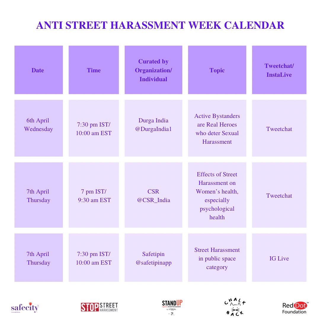 TheSafecityApp's tweet photo. And the Calendar for our Anti-Street Harassment Week is out today! 

We share with you all our TweetChat and InstaLive curators. 

Please do join us, we would love to have you on board.

#StopStreetHarassment #ASHweek
#womenempowerment #reddotfoundation #safecity https://t.co/lNpHUMAOuS