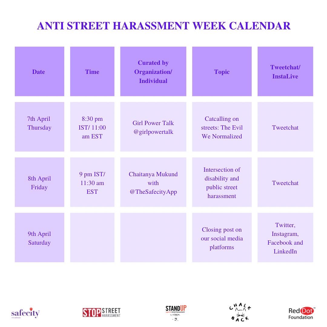 TheSafecityApp's tweet photo. And the Calendar for our Anti-Street Harassment Week is out today! 

We share with you all our TweetChat and InstaLive curators. 

Please do join us, we would love to have you on board.

#StopStreetHarassment #ASHweek
#womenempowerment #reddotfoundation #safecity https://t.co/lNpHUMAOuS