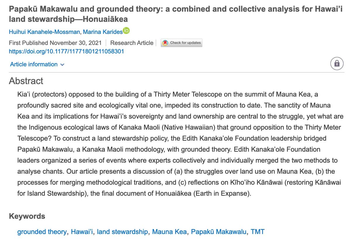 UH GEO Professor @marina_karides co-authored with Dr. Huihui Kanahele-Mossman, 'Papakū Makawalu & grounded theory: a combined and collective analysis for Hawai’i land stewardship—Honuaiākea,' published in AlterNative: An Intl Journal of Indigenous Peoples, doi.org/10.1177/117718…