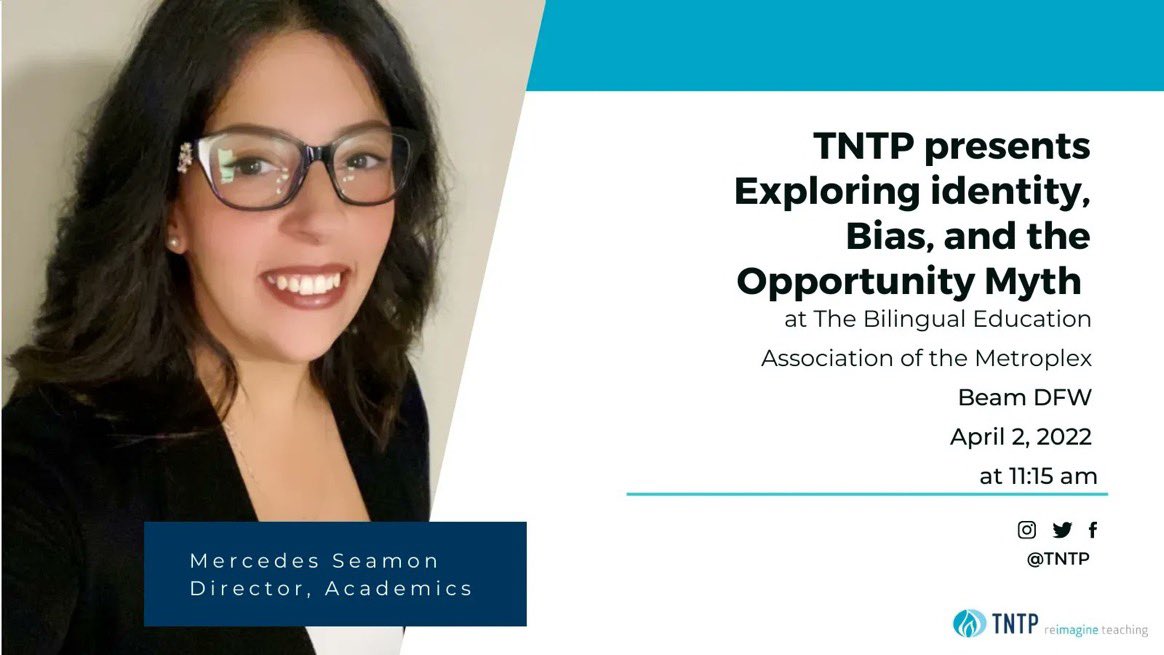 itsonlymemercy's tweet photo. Looking forward to sharing information about “Identity, Bias, and the Opportunity Myth” with #DFWeducators at the @BEAMDFW Symposium. See you there! #BEAM2022 #tntp #mytntp https://t.co/ZHYzBiGhnd