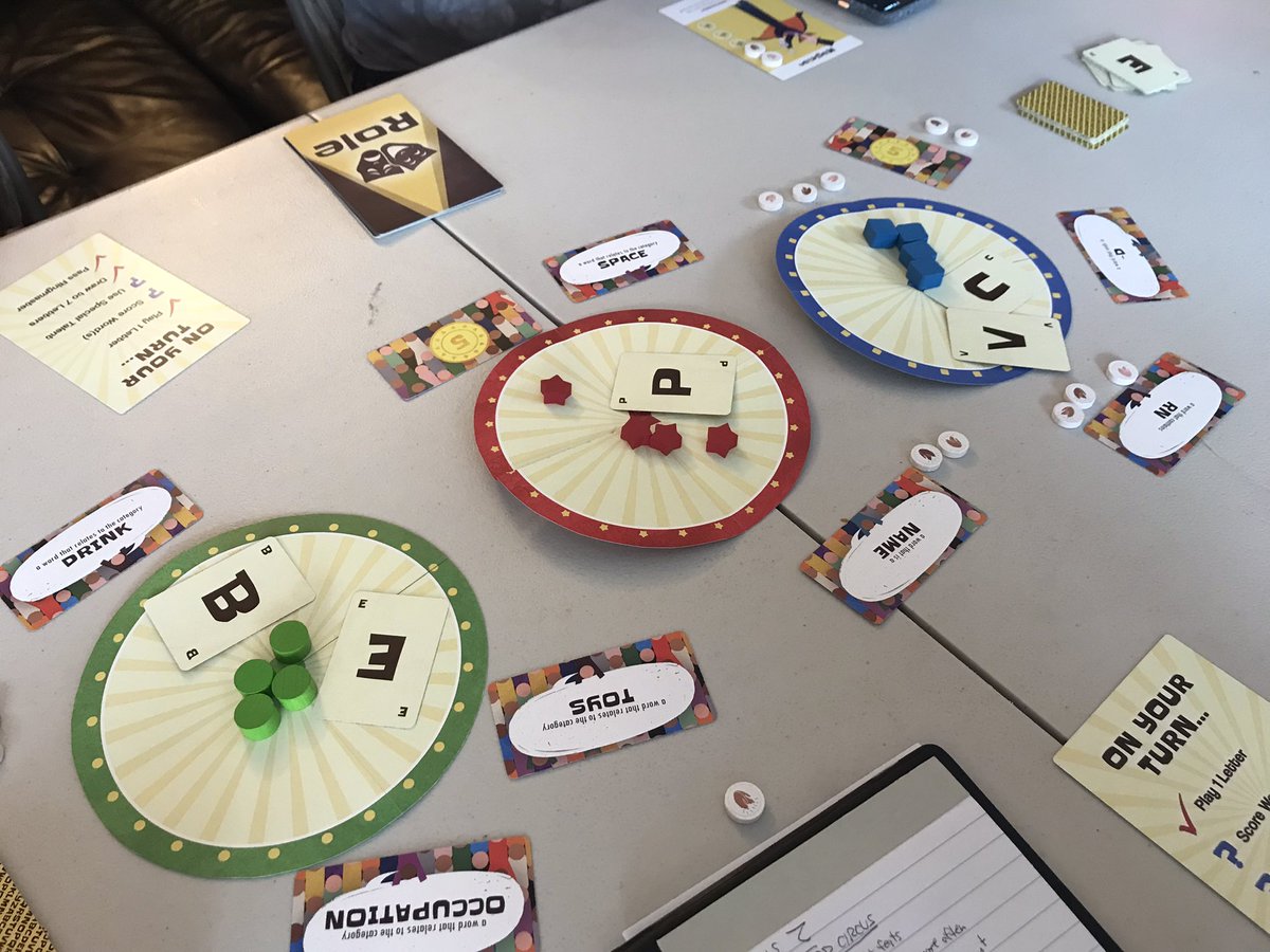 CardboardEdison's tweet photo. Finalist judging for the #CardboardEdisonAward has begun! First on the table: Pentacular Word Circus by Emily Willix, and Patriots: Raid of 1775 by @KingdomsLwnGame! https://t.co/0Q00ryaF7l