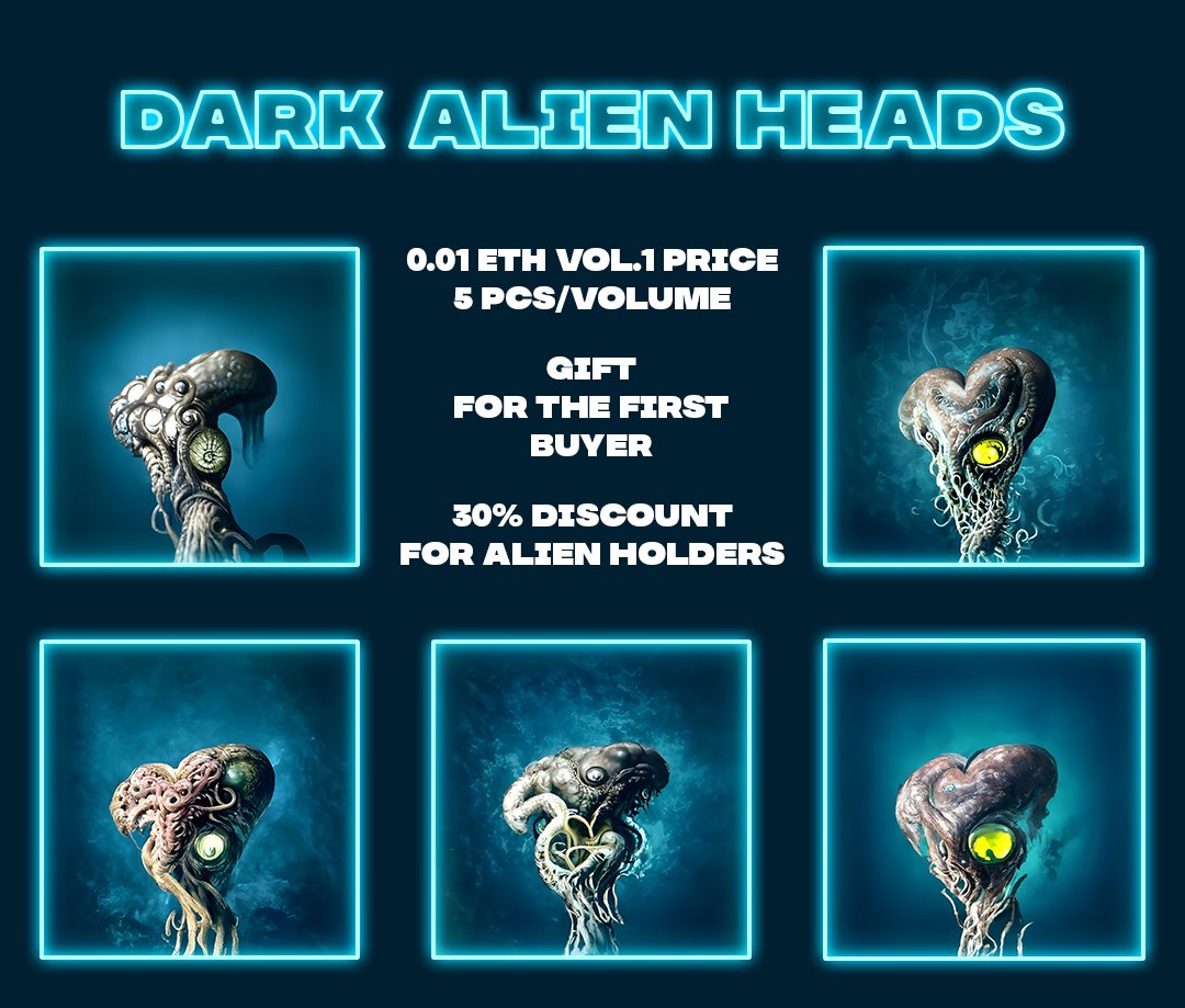 GasaNFT's tweet photo. Dark Alien Heads👽

Total size: 50pcs, 5 per each Volume of original collection.
Price: 0.01 $ETH poly

First buyer receiving gift from @MonstersStick 🔥🚀

Original Aliens holders can bid 0.007 $ETH

https://t.co/C0vUcg3Hlw https://t.co/XNPZFSsxCv