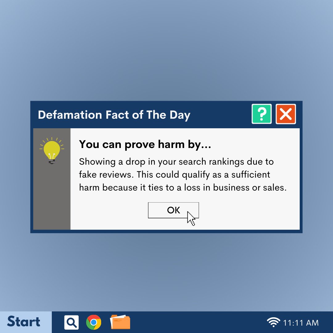 RMWarnerLaw1's tweet image. The #burdenofproof in a #defamationlawsuit can be a hard battle to win, but one way you can prove damages is by documenting drops in your search rankings. If you need help proving harm in an #internetdefamation lawsuit, give a #defamationlawyer at RM Warner a call today!