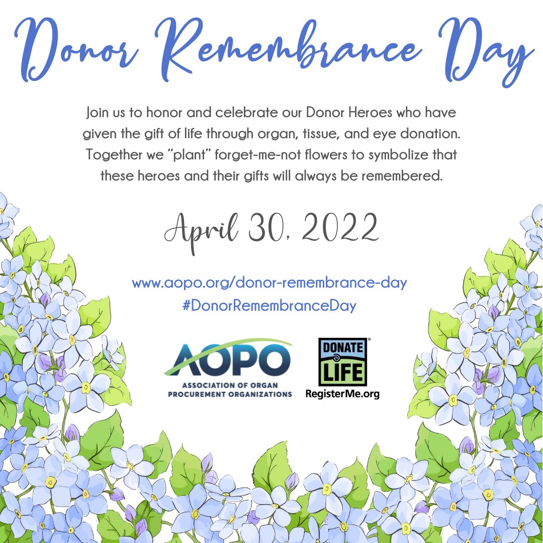 Looking for an opportunity to honor and celebrate your Donor Heroes who have given the gift of life through organ, eye, and tissue donation? Share your Donor Hero’s story on April 30th using the #DonorRemembranceDay.
💙💚
aopo.org/donor-remembra…