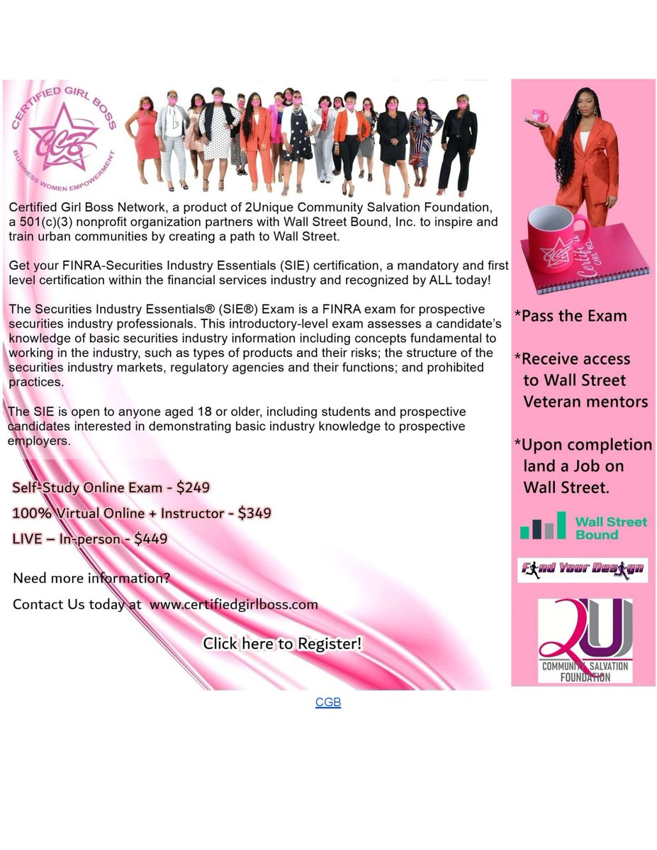 thisis2unique's tweet photo. #CertifiedGirlBoss, a product of 2Unique CSF is excited to announce our partnership with @wallst_bound creating a path to Wall Street for urban communities. Attain the Industry-Recognized Certification, FINRA-SIE, and land a job on Wall Street. Register: https://t.co/WZM9jh2CDc https://t.co/jDHtpDCqEK