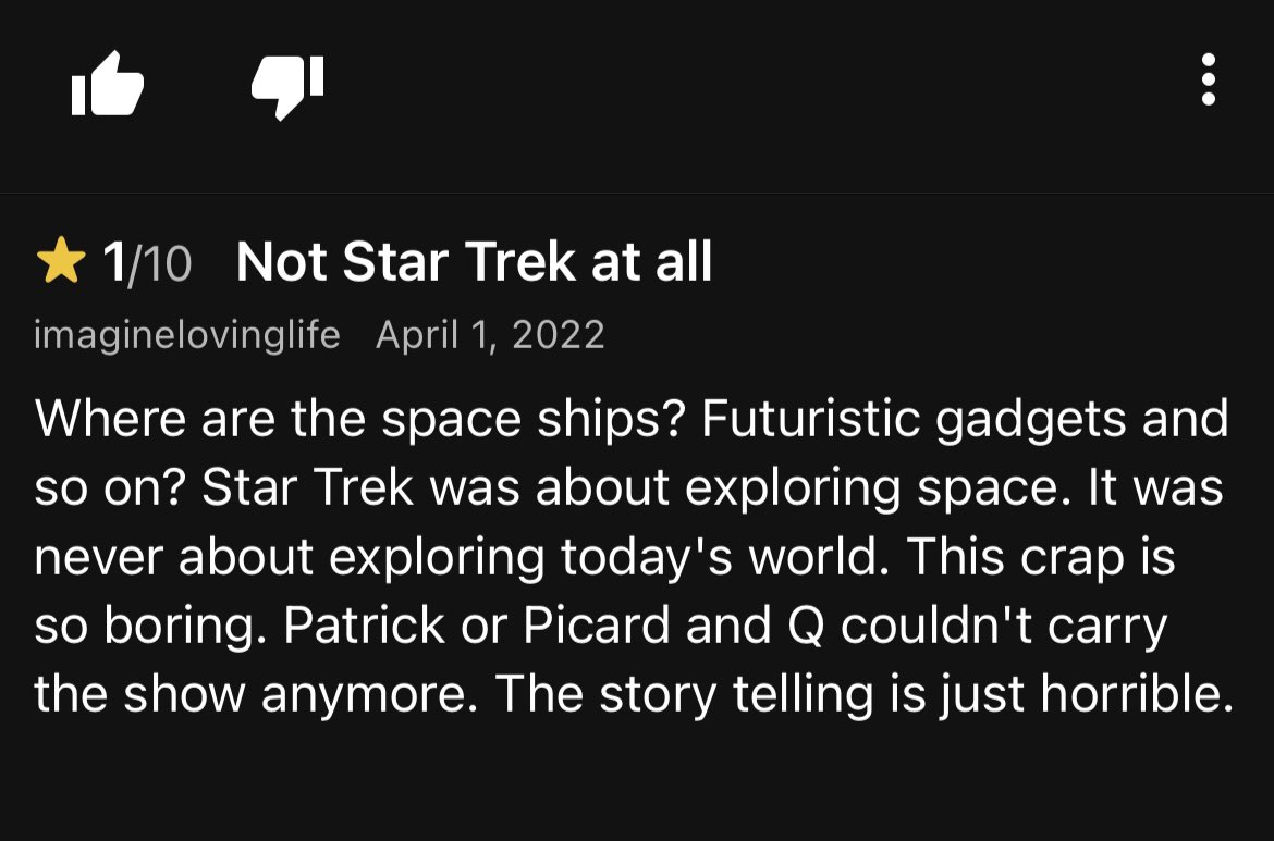 reacTrek's tweet photo. Star Trek has never talked about issues in the real world… not once…ever… Idiot. #StarTrek #StarTrekPicard #idiots https://t.co/TEmBj3Bt88