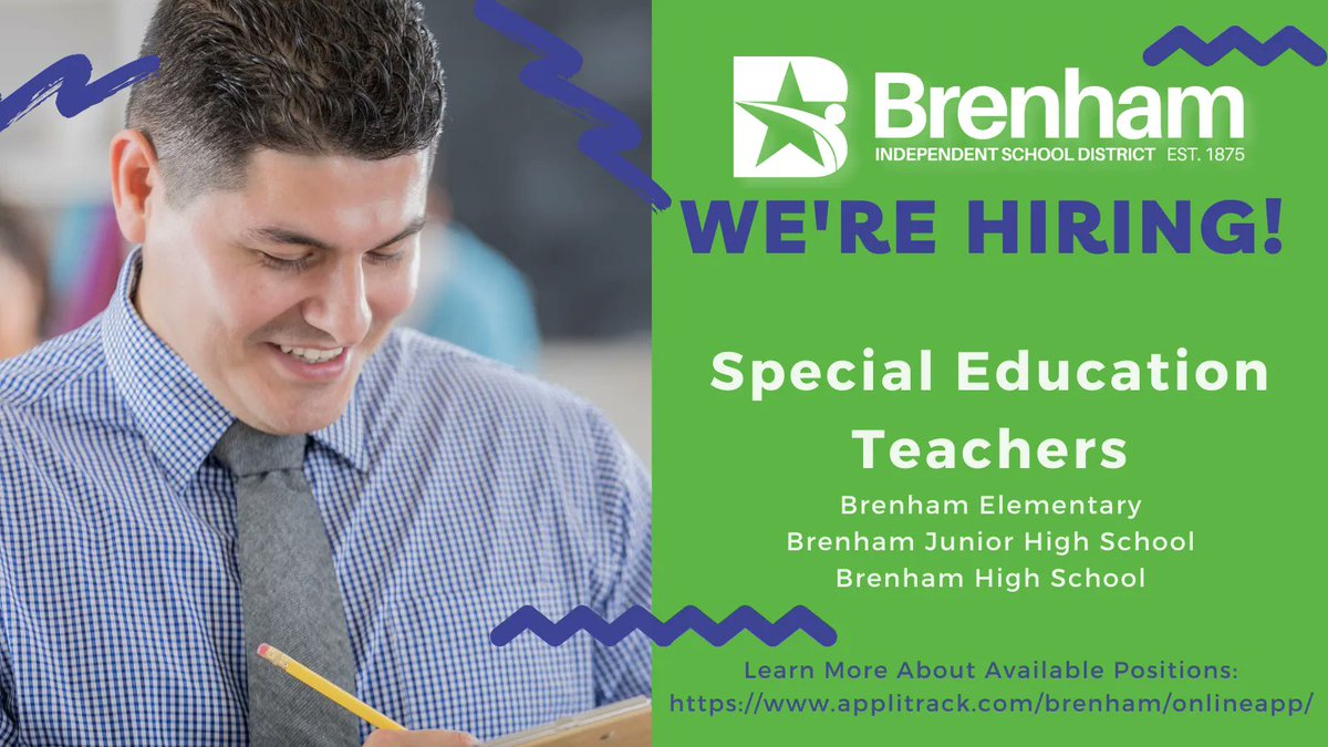 BrenhamISDHR's tweet image. Job Opportunity: Special Education Teachers
Visit buff.ly/3dTyjoZ to find out more about this position and to submit an online application. @BrenhamISD @BrenhamElem @brenhamjhs @BrenhamHS #IChooseBrenham #ExcellenceForALL