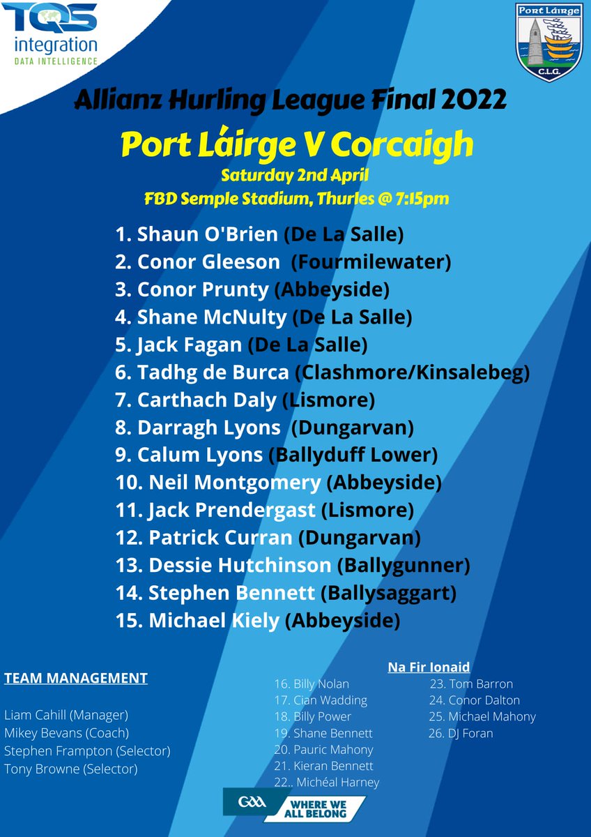 📣 Waterford Senior Hurling Team to play Cork in the Allianz National Hurling League Final has been named ⬇️

Best of luck to Liam Cahill, his management team and all of the panel!

#deiseabú #WaterfordGAA ⚪🔵