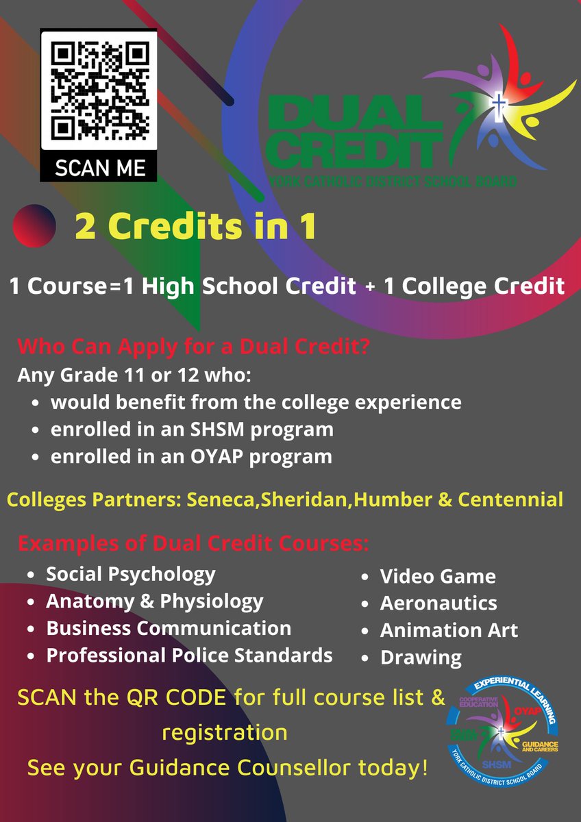 @ycdsb Spring Dual credits are currently available on ycdsb.ca/pathways/dual-…
Courses start as early as April 25th so register today. See your guidance counsellor for more details. <a href="/PathwaysYCDSB/">Pathways @ YCDSB</a> <a href="/paonesl/">Lou Paonessa</a>