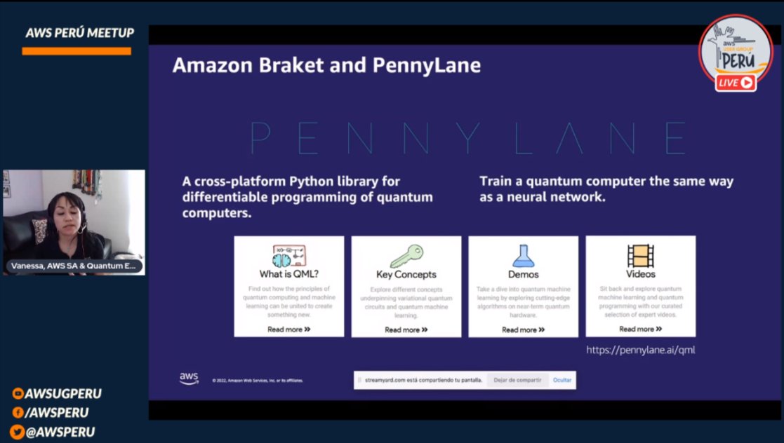 AWSPeru's tweet photo. En vivo desde AWS UG Perú: https://t.co/ktQAtgWmFw Workshop FREE de #Amazon #Braket y #Quantum #Computing con #AWS 💫

Programación Diferencial + Amazon Braket Hybrid Jobs para Quantum Machine Learning con PennYLane? Sí, así lo escuchaste. Aprendamos juntos. https://t.co/85kTHmc4mJ