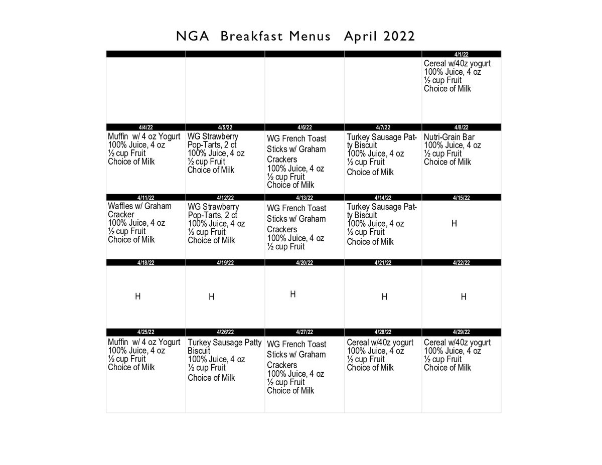 NextGen41's tweet photo. April's breakfast and lunch menus!! https://t.co/E1YfFlihUY