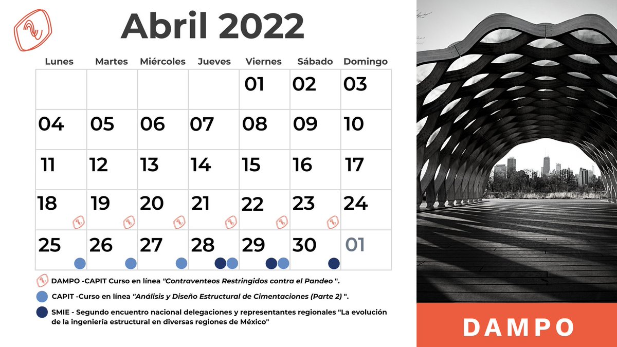 DampoSystems's tweet photo. 🔸Calendario mensual, contiene las actividades  más representativas relacionadas a la ingeniería sísmica y estructural.

🌐 https://t.co/MgsX8Dey8g
📱  Instagram @dampo_systems 
💼 LinkedIn dampo-systems

#cursosenlinea #estructuras #ingenieriasismica #abril #disipadores #cdmx https://t.co/f2VDB0C1hk