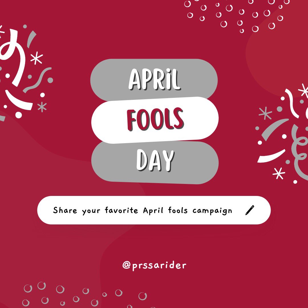 RiderPRSSA's tweet photo. 🎉Happy April Fools’ Day! 

💻 With social media, marketing, and public relations April Fools’ Day has changed. It allows brands to build brand awareness by promoting fake products. What is your favorite April Fools campaign? 

#RiderUniversity #PublicRelations #RiderPRSSA https://t.co/aNLRLSXg6i
