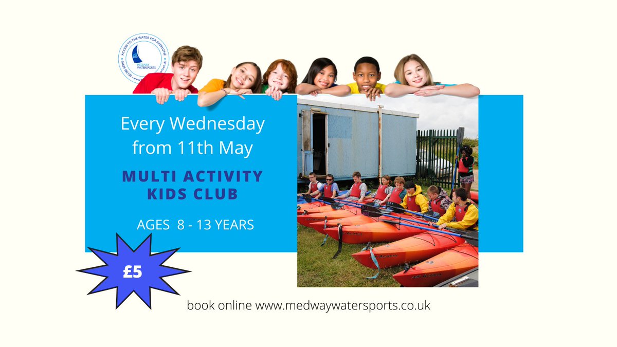 SailMedway's tweet photo. MULTI ACTIVITY KIDS CLUB starts 19th MAY for children aged 8-13 years EVERY WEDNESDAY from 4.30-6.30pm We are offering children the chance to take part in different activities each week.
Book your childrens places on our website booking system at https://t.co/ug736zMPjB #medway https://t.co/v5eLPbKjgh
