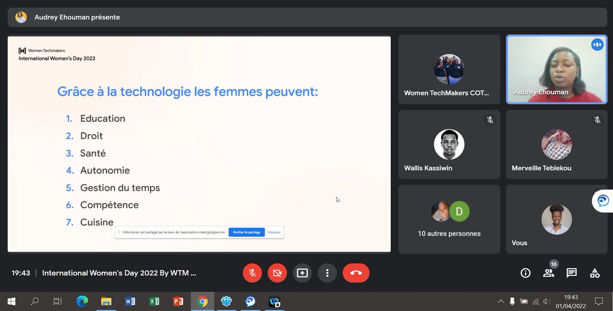 #iWD22 #WTMCotonou 
En cours avec <a href="/ehoumanaudrey/">Ehouman Audrey ( #WebWeWant)</a> sur le thème Opportunités pour les femmes en tech
Pour nous rejoindre meet.google.com/uxi-xozm-zvy