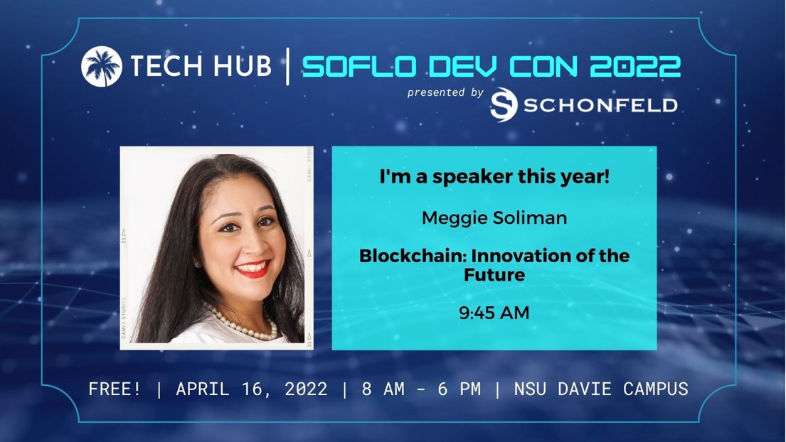 DSSHealthIT's tweet image. It&apos;s the beginning of April which means it&apos;s   #SoFloTechMonth!  A variety of @TechHubFL events are planned including &quot;Blockchain, Innovation of the Future with DSS&apos; Meggie Soliman on 4/16.  Get your tickets today! bit.ly/35BesdO #BuildingSoFlo #Technology @NSUFlorida