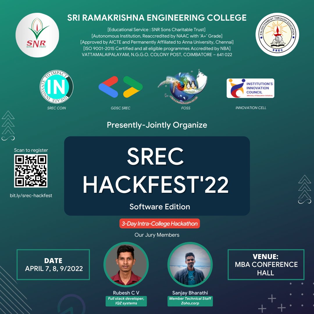 gdscsrec's tweet photo. We are back with another Hackathon... 🤩
In collaboration with SREC Coin, Foss,  Innovation Cell, bringing
SREC HACKFEST'22 🎉

Register: https://t.co/pw66ykoo5z

Our Jury Members:
- Rubesh CV
- Sanjay Bharathi

Date: April 7, 8, 9
Venue: SREC MBA Conference Hall https://t.co/GSt9OhjAXC