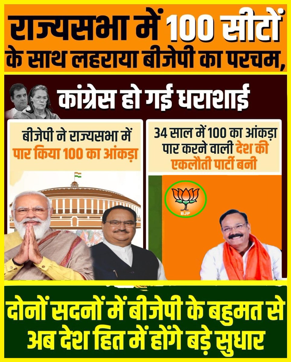 bhaijishubham23's tweet image. राजसभा में 100 सीटों के साथ लहराया बीजेपी का परचम, 

दोनों सदनों में बीजेपी के बहुमत से अब देश और राष्ट्रहित में होंगे बड़े और ऐतिहासिक बदलाव.. ~
#RajkumarChahar Ji

#CongratulationsModi Ji
@JPNadda ji
@blsanthosh ji
@BJP4India