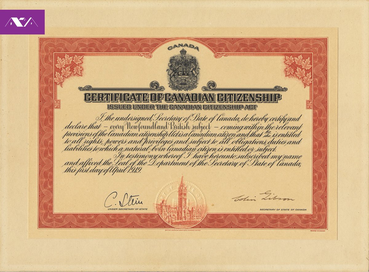 TheRooms_NL's tweet photo. The official certificate of Canadian citizenship issued under the Canadian Citizenship Act certifying that all Newfoundland British subjects became Canadian citizens. #RoomToReconnect #ExploreNL
๐ธ Collection GN 175, File GN 175.5. April 1, 1949 https://t.co/tCevQTV2WN