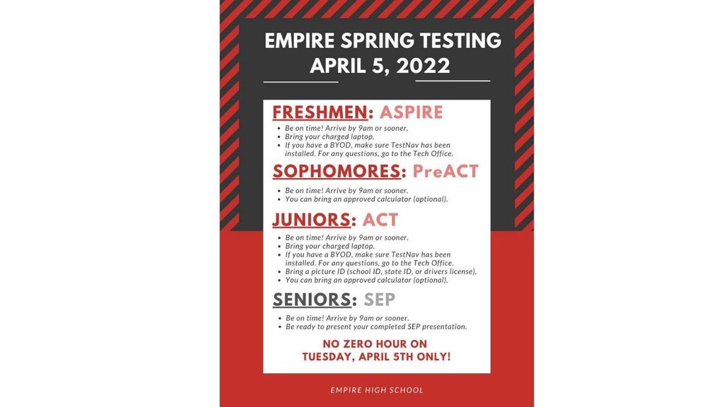 Updated April testing schedule for all grades: