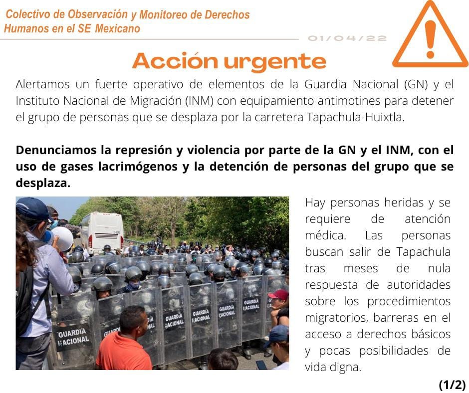prami_iberocdmx's tweet photo. #AlertaFronteraSur
El #COMDHSM denunciamos la represión y violencia de la #GN y el #INM a las personas que buscan salir de Tapachula tras meses de nula respuesta de autoridades sobre los procedimientos migratorios y barreras en el acceso a derechos básicos
#AltoALaViolencia https://t.co/ZNaFPHEWIR