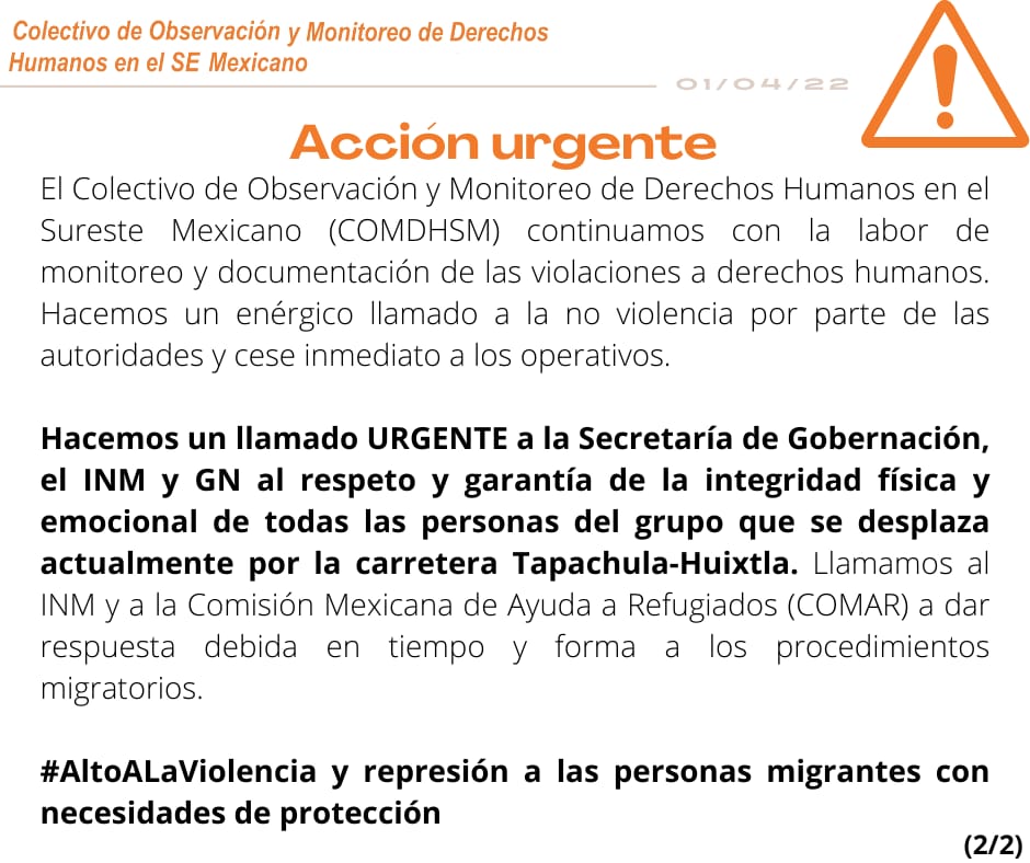 prami_iberocdmx's tweet photo. #AlertaFronteraSur
El #COMDHSM denunciamos la represión y violencia de la #GN y el #INM a las personas que buscan salir de Tapachula tras meses de nula respuesta de autoridades sobre los procedimientos migratorios y barreras en el acceso a derechos básicos
#AltoALaViolencia https://t.co/ZNaFPHEWIR