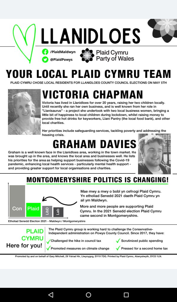 Support Vicky and Graham @PlaidPowys  in Llanidloes - time for change. Progressive voices for the community. We need more female voices and young people who actually do things in their community - now's your opportunity to support them.