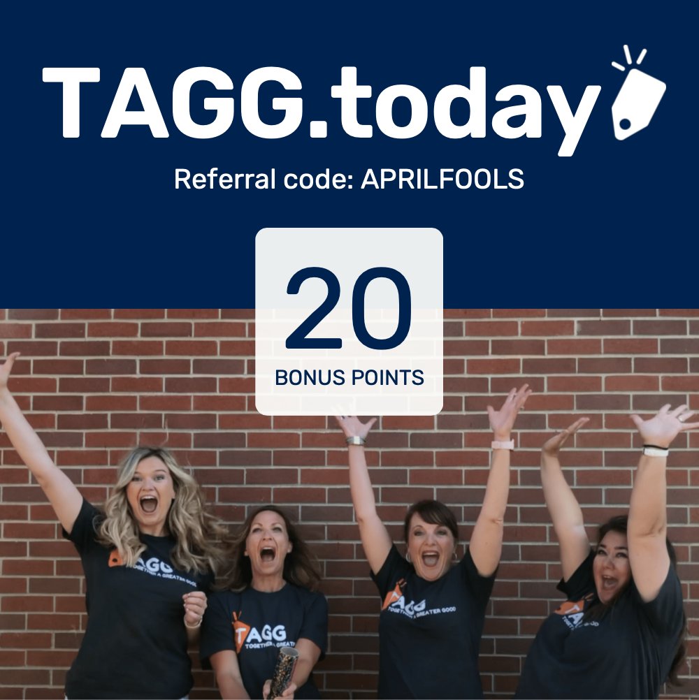 We promise this isn't a joke!!😆 

If you haven't claimed your bonus points ⭐️ on your new TAGG.today account - use referral code APRILFOOLS and get 20 points!!!!🥳⭐️

*Last day to use code is Sunday, April 3. Points will be added to your account April 4.