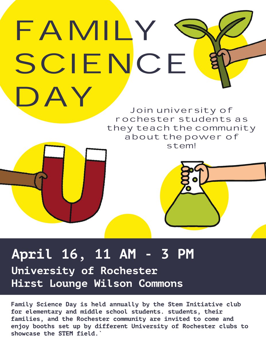 UofR_SBAC's tweet photo. On April 16 from 11am-3pm, the @UofR Stem Initiative club will be hosting their annual Family Science Day! This event is for elementary and middle school students in the Rochester community and will feature liquid nitrogen, DNA extraction, slime, airplanes, rockets, &amp; more! https://t.co/skapqBYzNa