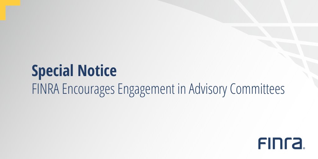 FINRA's tweet photo. 🚨 We've issued a Special Notice encouraging securities industry professionals and non-industry stakeholders from diverse backgrounds to become involved in our advisory committees.

Learn more: https://t.co/Zw2U0o2EHg

Special Notice: https://t.co/AoUsYXa8cj https://t.co/nq3WWf4hZC