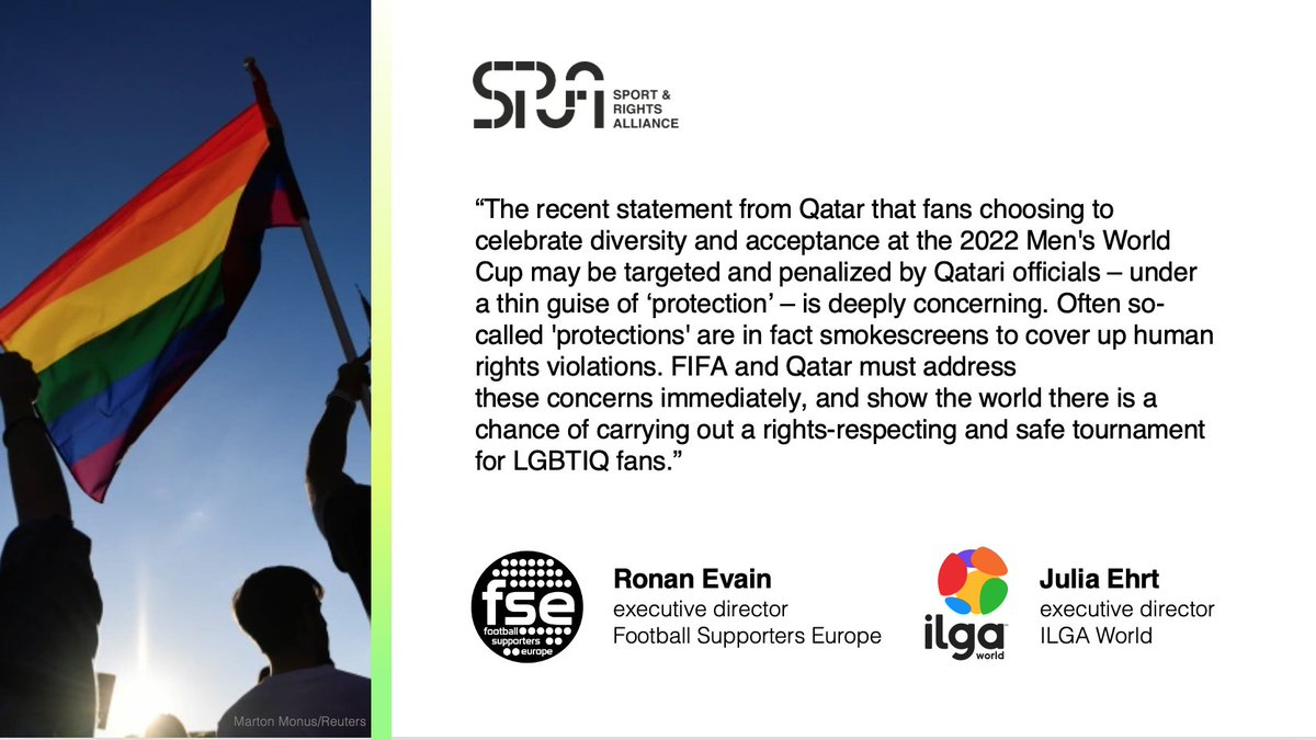 🚨🚨🚨#SRA partners <a href="/FansEurope/">Football Supporters Europe</a> &amp; @ILGAWorld raise concerns about statement from Qatari security head that rainbow flags🏳️‍🌈 could be taken from fans at the 2022 Men's World Cup under a pretense of 'protection.'

#WorldCupDraw #Qatar2022  #HumanRights

👉apnews.com/article/busine…