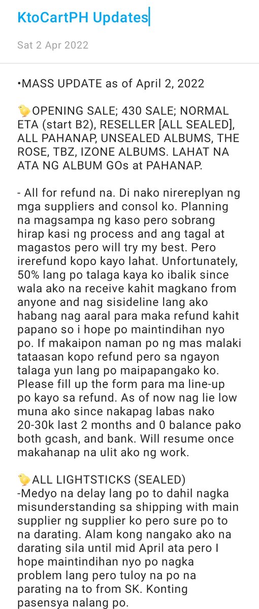 KtoCartPH's tweet photo. #KtoCartPH_Updates

Sorry for not being active last month. As in sobrang busy po talaga sa school and paghahanap ng work. Refund will resume soon po, as of now wala larin work eh. Pls fill up the form para ma line-up po kayo sa refund/replacement.
https://t.co/naSjBUOoRQ https://t.co/L3f5vMAcbB