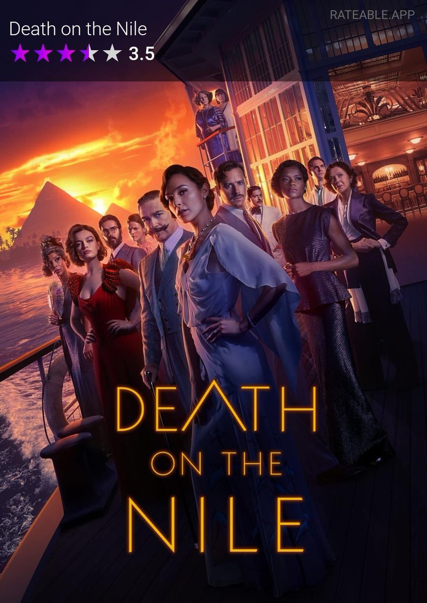 Rateable_App's tweet photo. Movie Night Tonight? 🎬 

Share your own ratings of movies &amp; TV series with friends on social media using Rateable 📲

This Friday’s movie is ‘Death on the Nile’. We rate the movie 3.5 stars ⭐️ What do you think? 
Rate &amp; share with friends now 💜   

#deathonthenile @tombateman https://t.co/dtsvjG1kgR