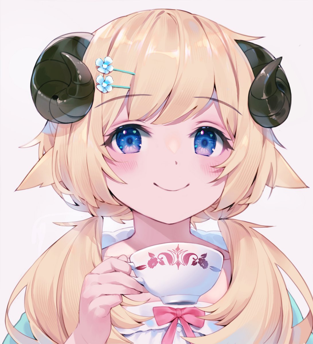 tsunomaki watame 1girl solo cup hair ornament blonde hair horns twintails  illustration images